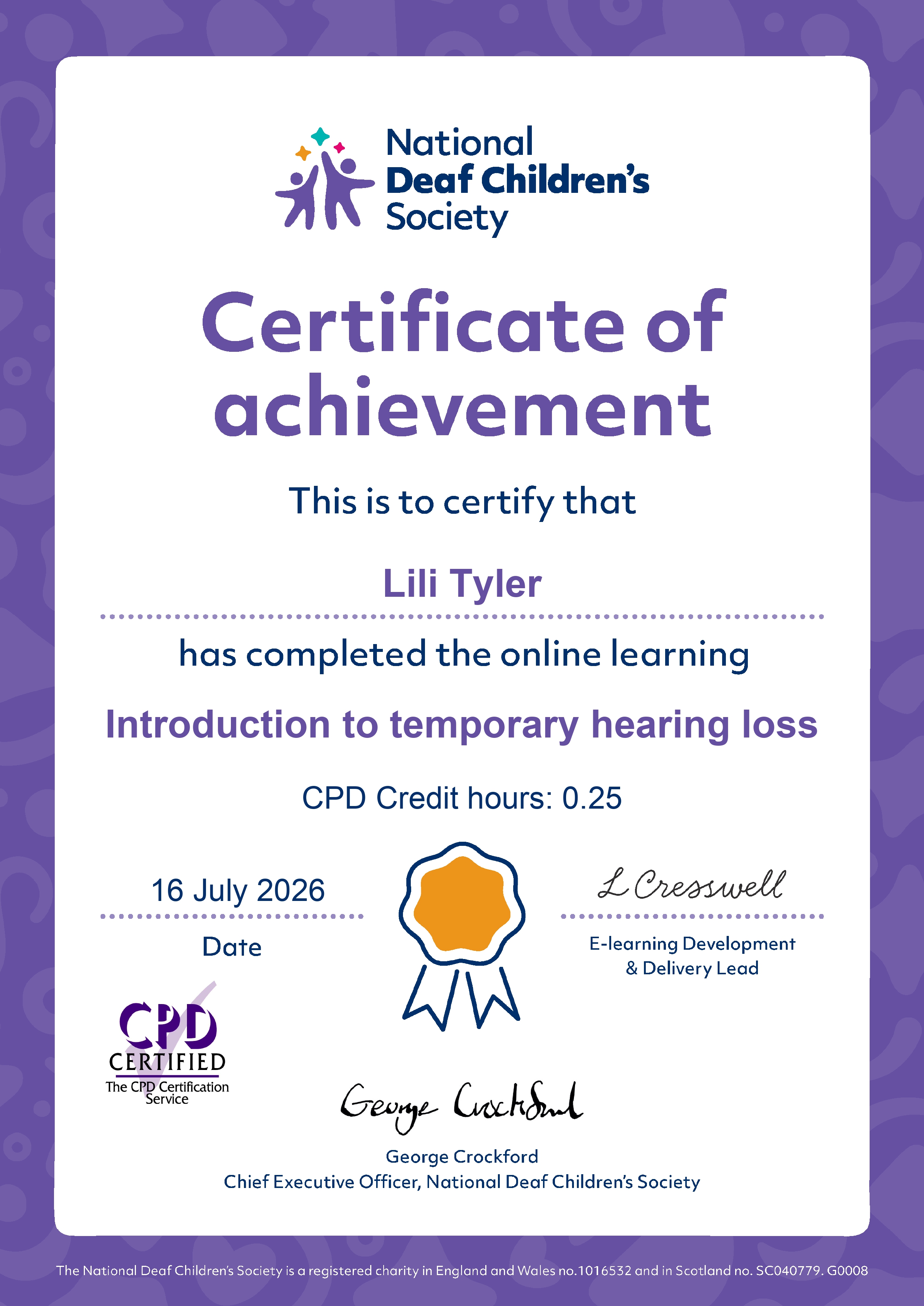 Certificate of achievement — Introduction to temporary hearing loss (CPD certified)